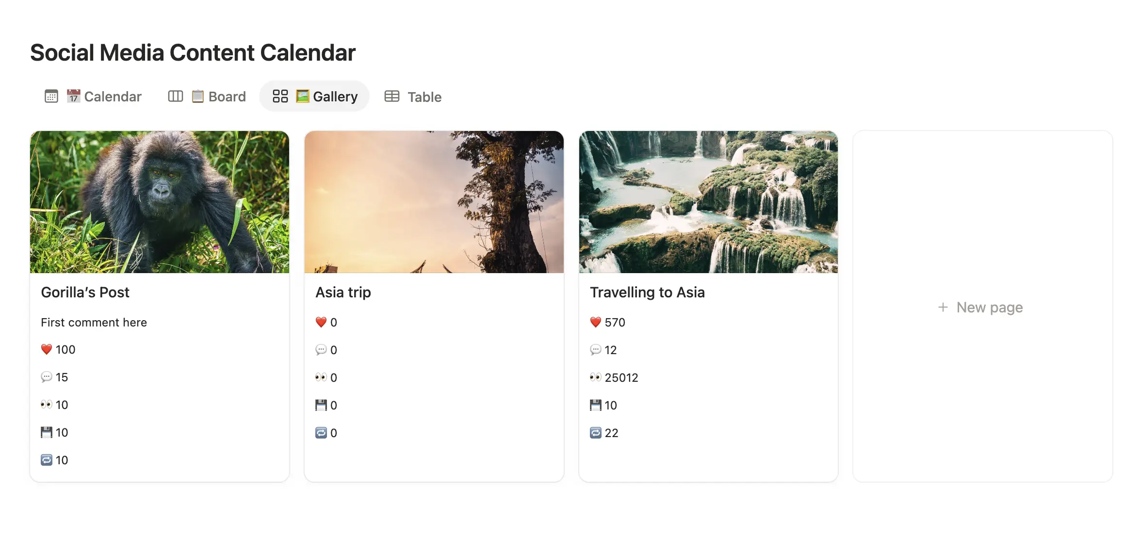 The same calendar in Notion’s Gallery view, previewing each post’s image