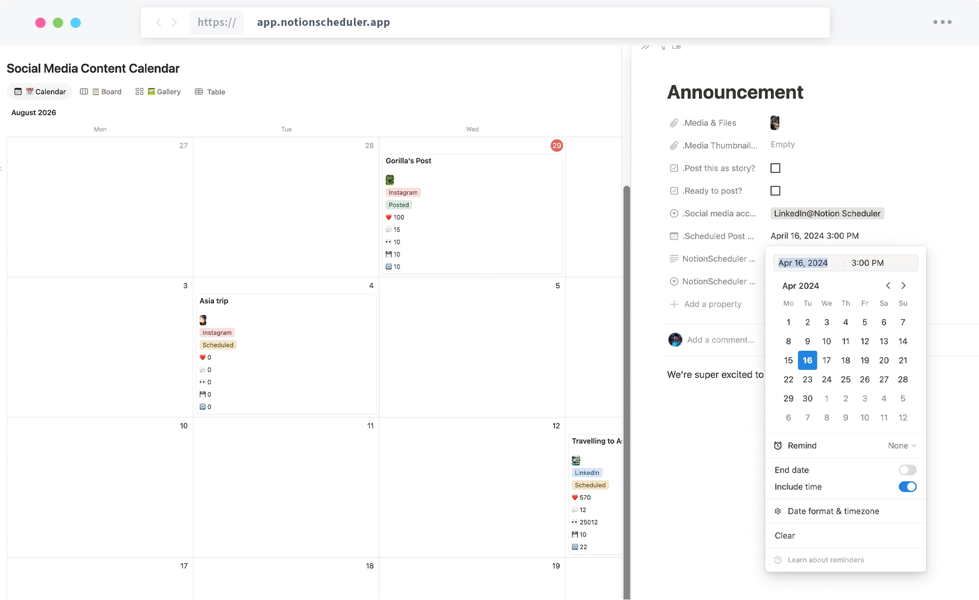 A social content calendar as a Notion database view