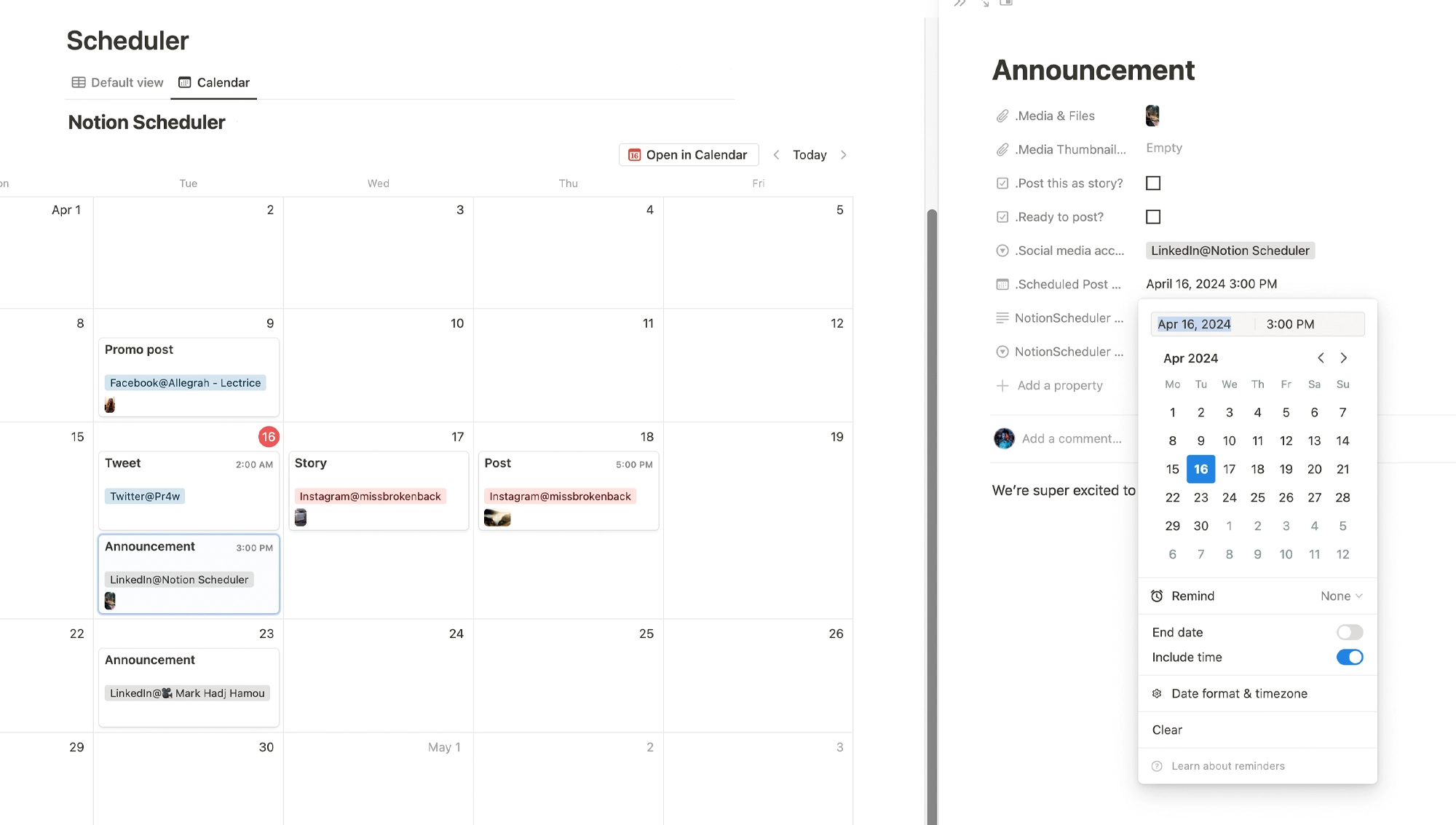 A social content calendar as a Notion database view